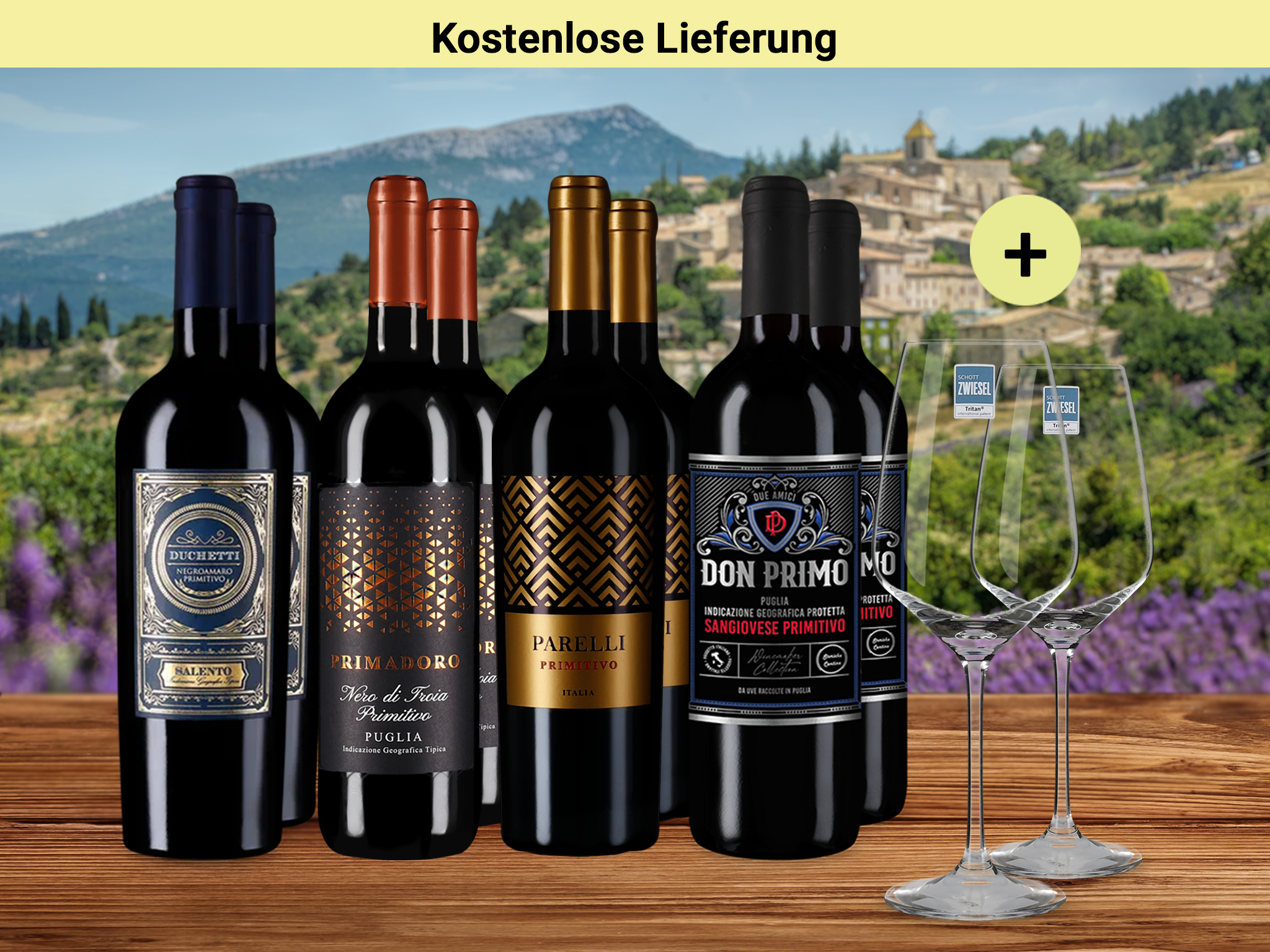 4x2 Primitivo-Highlights + 2 Schott Zwiesel Gläser