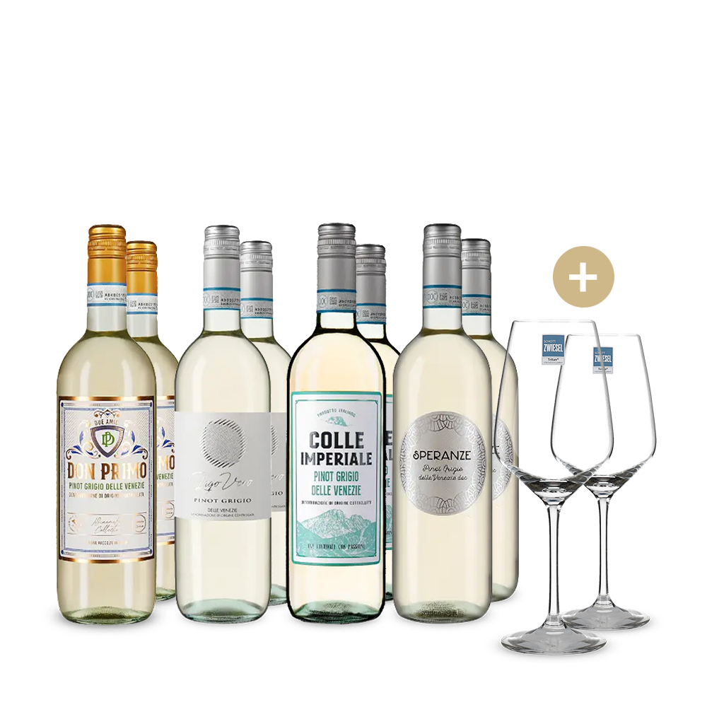 Gold-prämierte Pinot-Grigio-Stars im 4x2-Paket + 2 Weingläser – Gold