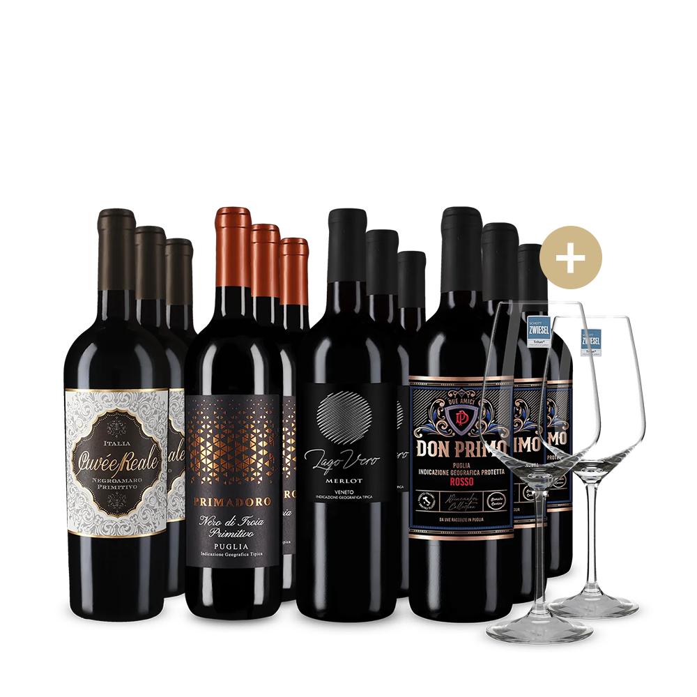 Italiens Rotwein-Stars 4x3 Flaschen + 2 Gläser – Gold