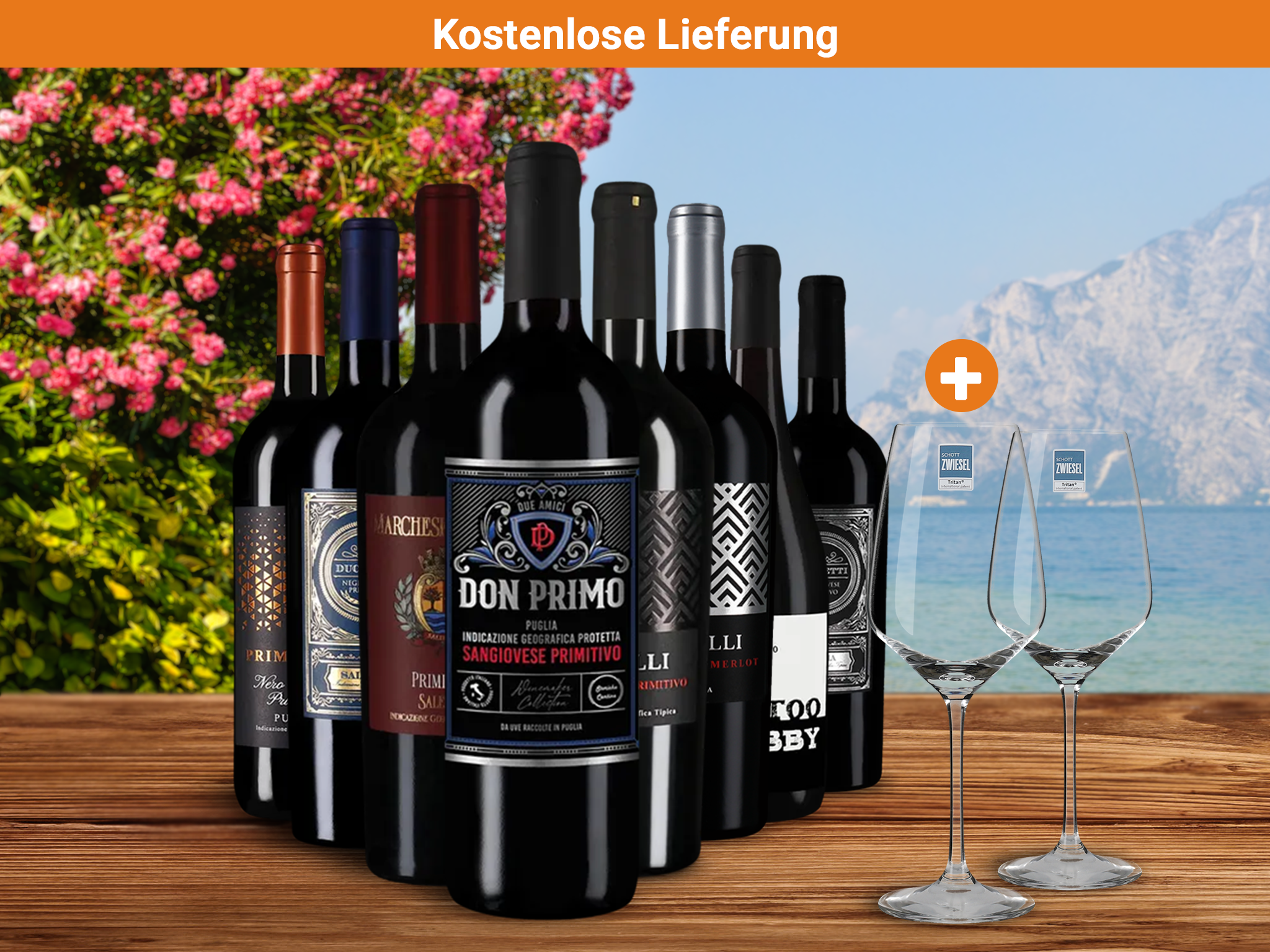 Vergoldete Primitivo-Stars im 8er-Paket + 2 Schott Zwiesel Gläser