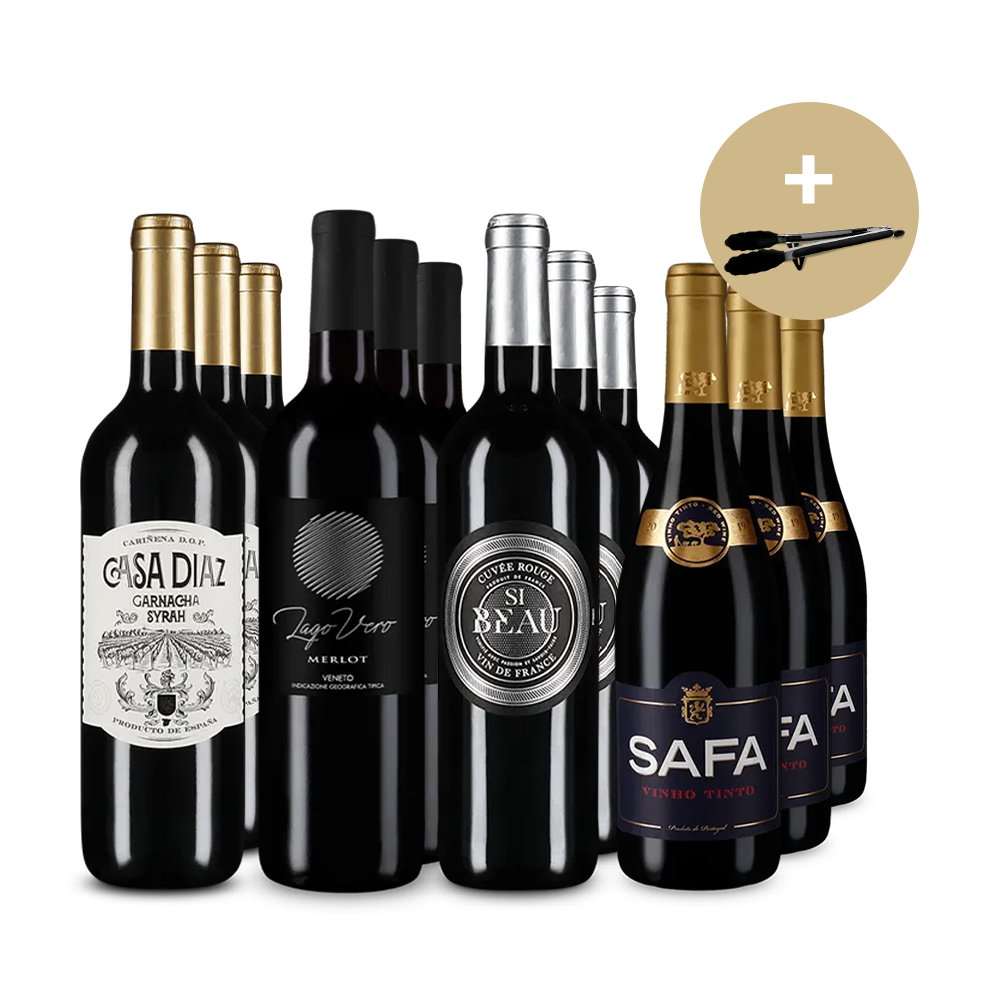 Südeuropäische Rotwein-Reise im 4x3-Vorteilspaket + Küchenzange – Gold