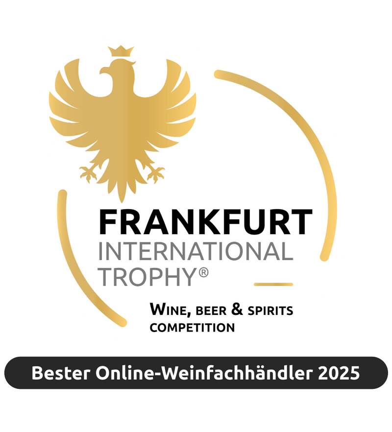 Logo der Frankfurt International Trophy mit goldenem Adler und Text "Bester Online-Weinfachhändler 2025".