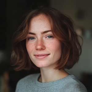 Portrait einer lächelnden jungen Frau mit Sommersprossen und rotem Haar