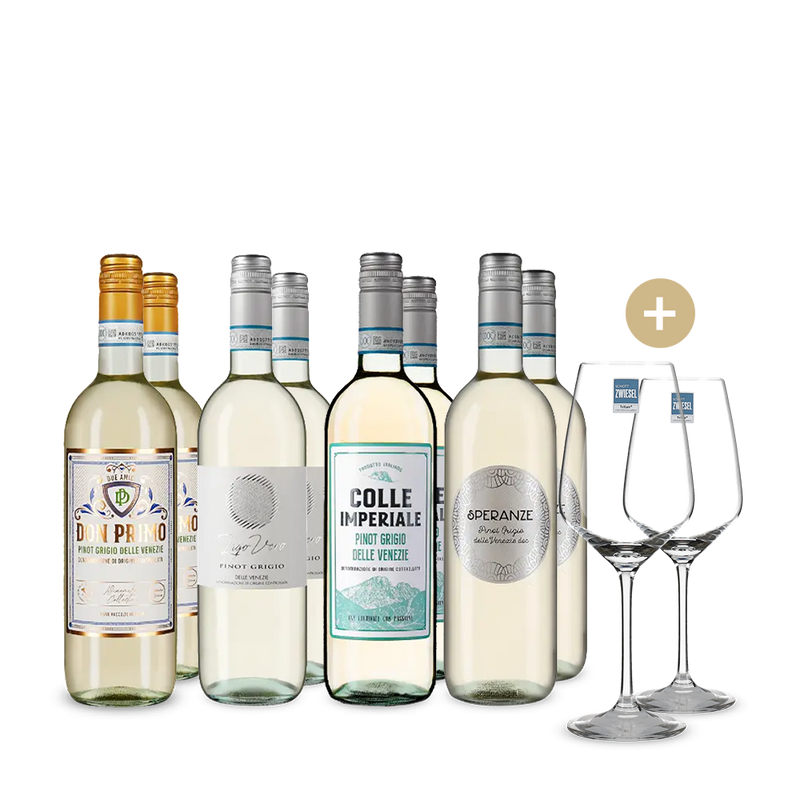 Gold-prämierte Pinot-Grigio-Stars im 4x2-Paket + 2 Weingläser – Gold