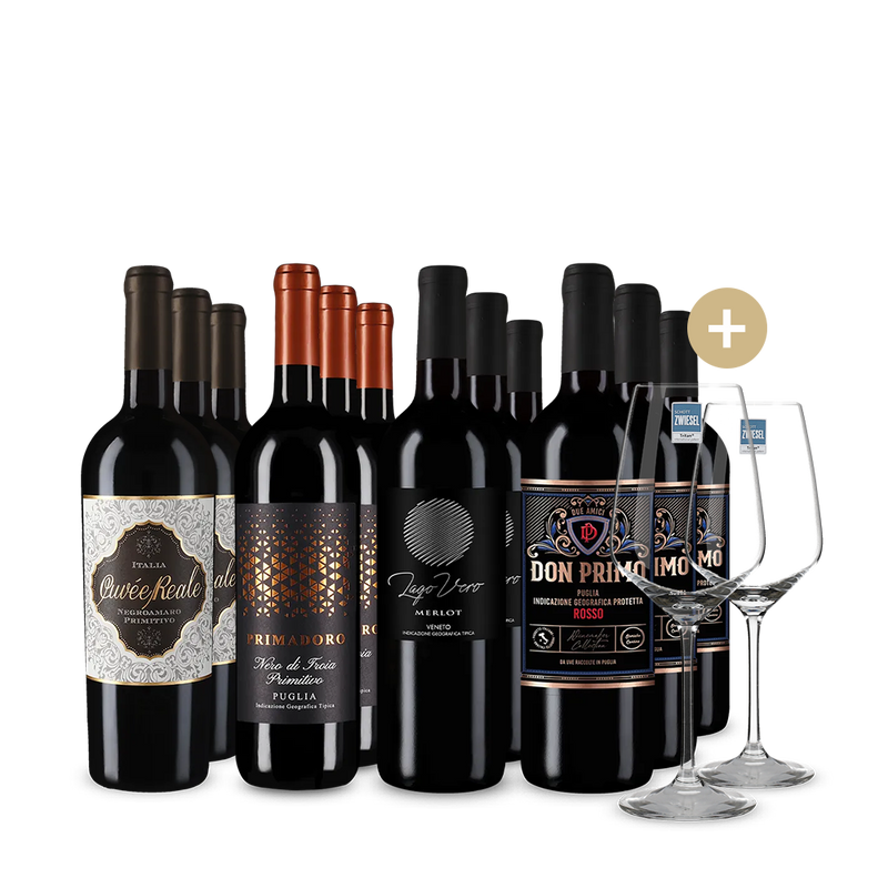 Italiens Rotwein-Stars 4x3 Flaschen + 2 Gläser – Gold