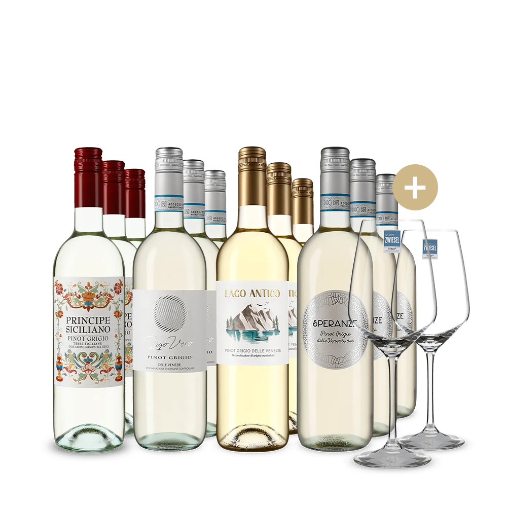 Pinot Grigio: Unsere Hits 4x3 Flaschen + 2 Gläser – Gold