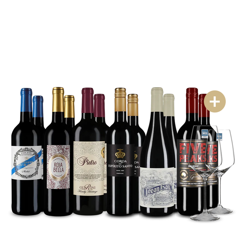 Internationale Rotwein-Stars im 6x2-Paket + 2 Gläser – Gold