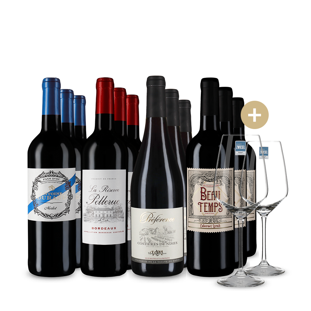 Französische Rotwein-Stars im 4x3-Paket + 2 Weingläser