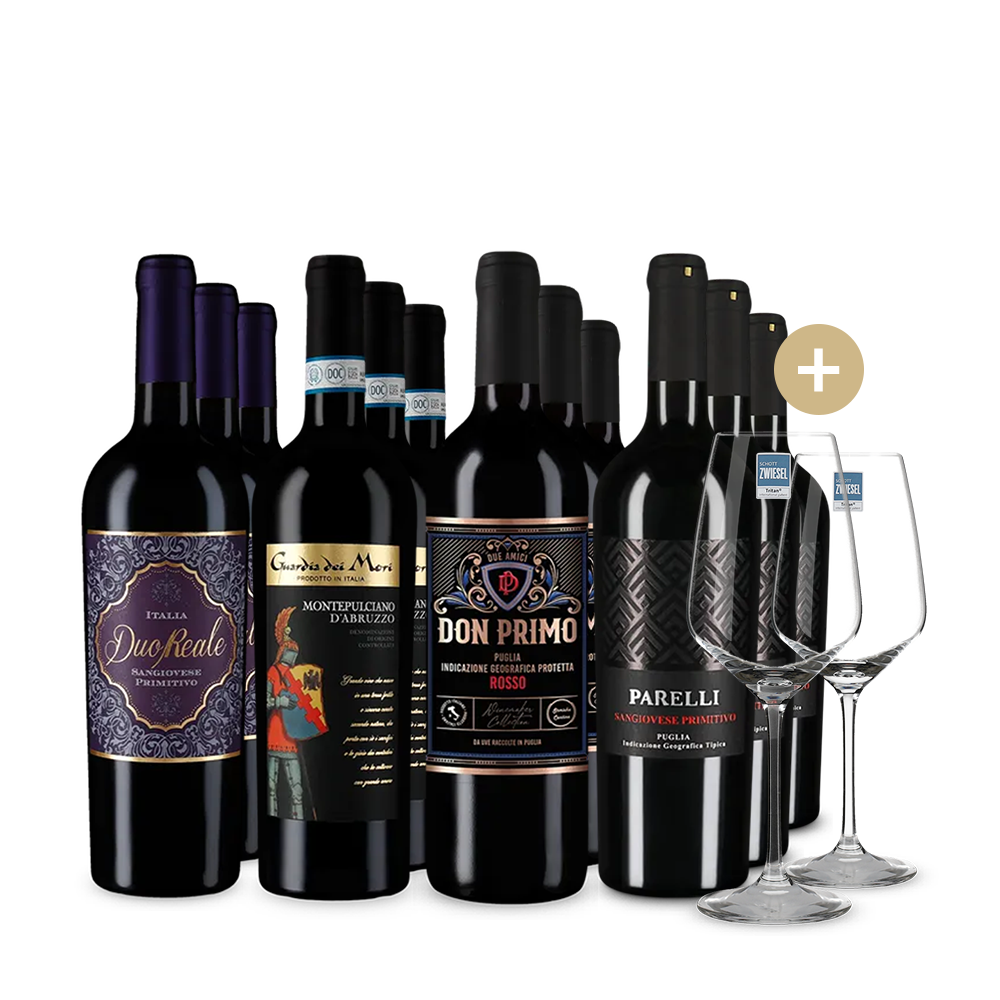 Italienische Rotwein-Stars im 4x3-Paket + 2 Weingläser – Gold