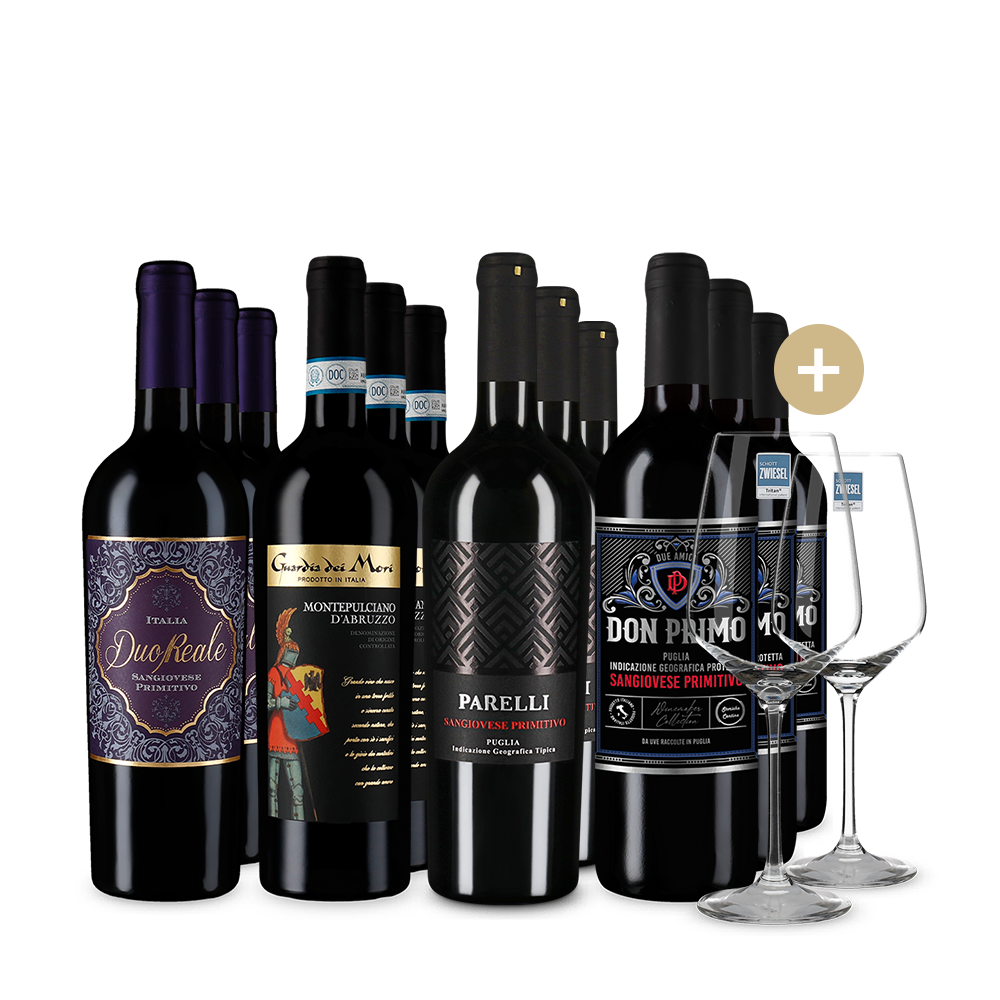 Italienische Rotwein-Stars im 4x3-Paket + 2 Weingläser – Gold