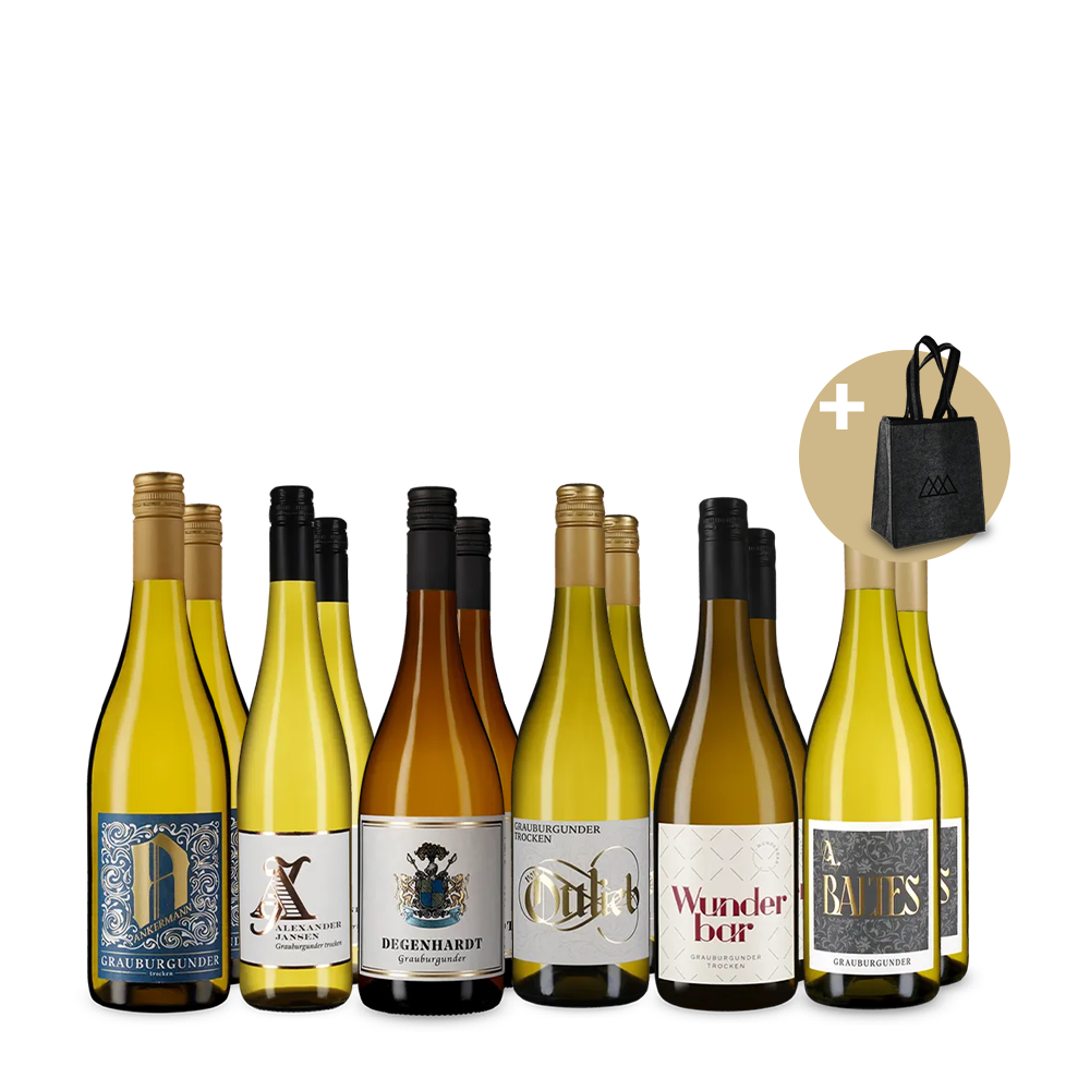 Pfälzer Grauburgunder-Hits im großen 6x2-Paket + 6er-Tragetasche aus Filz – Gold