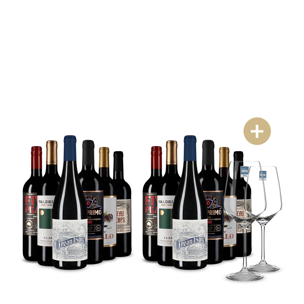 6+6 Flaschen: Rotwein-Weltreise + 2 Weingläser – Gold