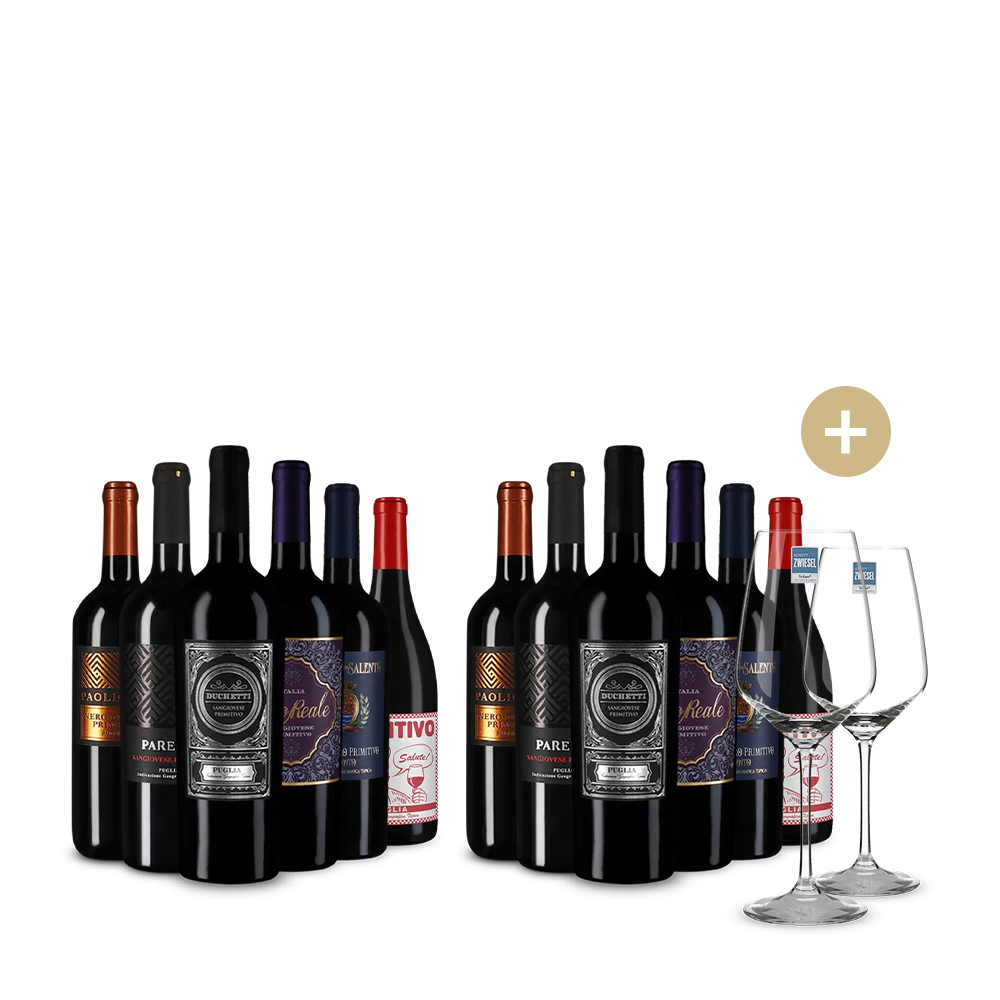 6+6 Flaschen Primitivo-Hits + 2 Weingläser – Gold