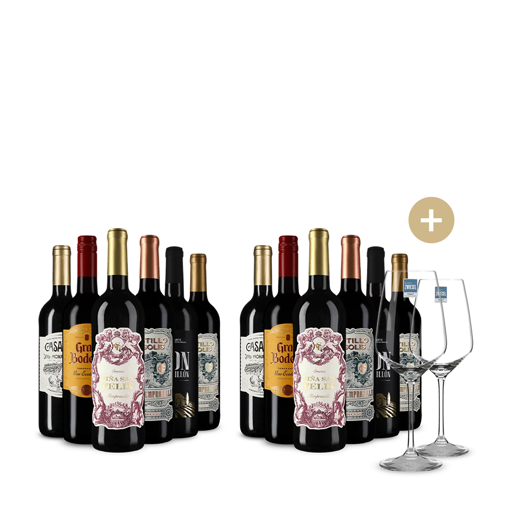 6+6 Flaschen spanische Rotwein-Stars + 2 Weingläser – Gold