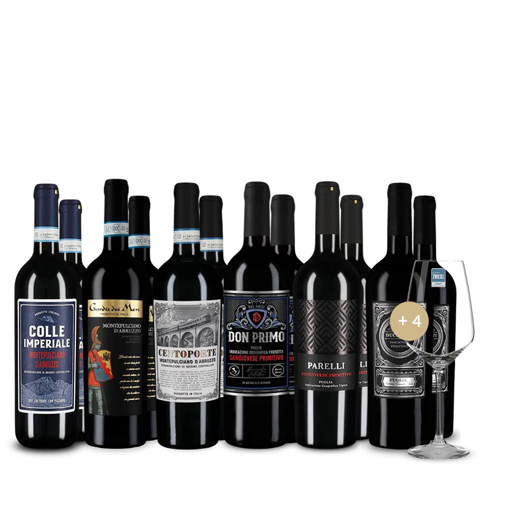 Montepulciano & Primitivo: Italiens Traumpaar im 6x2-Paket + 4 Weingläser