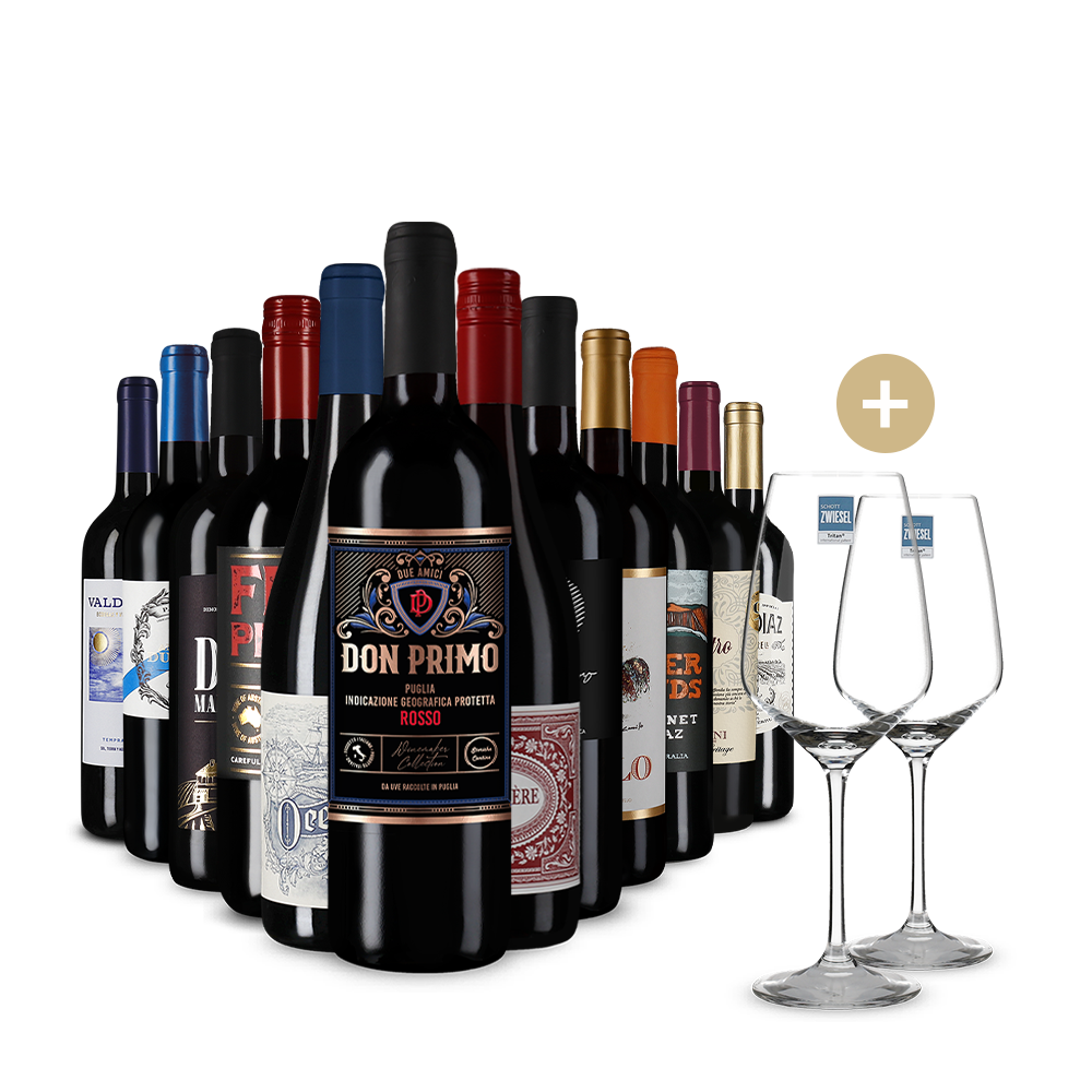 Internationale Rotwein-Stars im 12er-Jubiläumspaket + 2 Weingläser