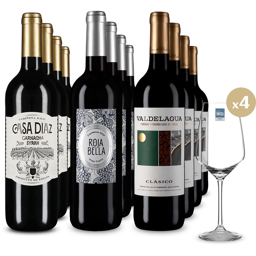 Spanische Rotwein-Stars im 3x4-Paket + 4 Gläser