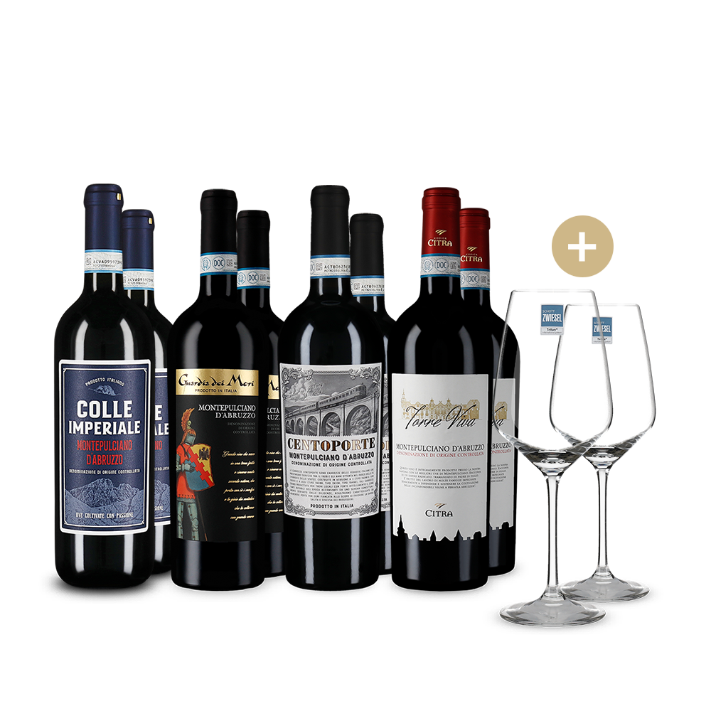 Gold-prämiert: Montepulciano d'Abruzzo im 4x2-Paket + 2 Weingläser