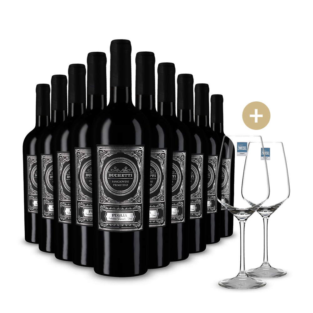 10 Flaschen Duchetti Sangiovese Primitivo 2024 + 2 Weingläser
