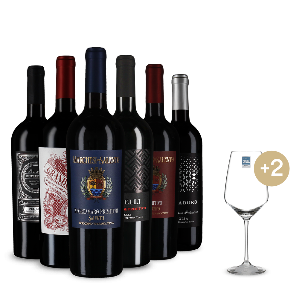 Primitivo-Stars im 6er-Paket + 2 Weingläser