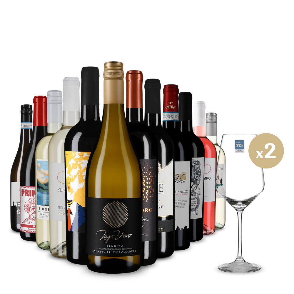 Italiens Vielfalt im 12er-Paket + 2 Gläser – Gold