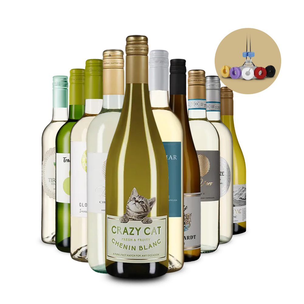 Internationale Weißwein-Hits im 10er-Paket + Glasmarkierer – Gold
