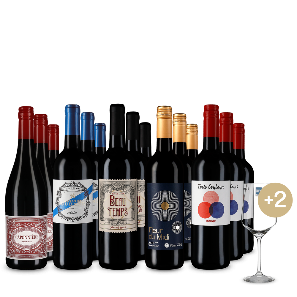 Französische Rotwein-Stars im 5x3-Paket + 2 Weingläser