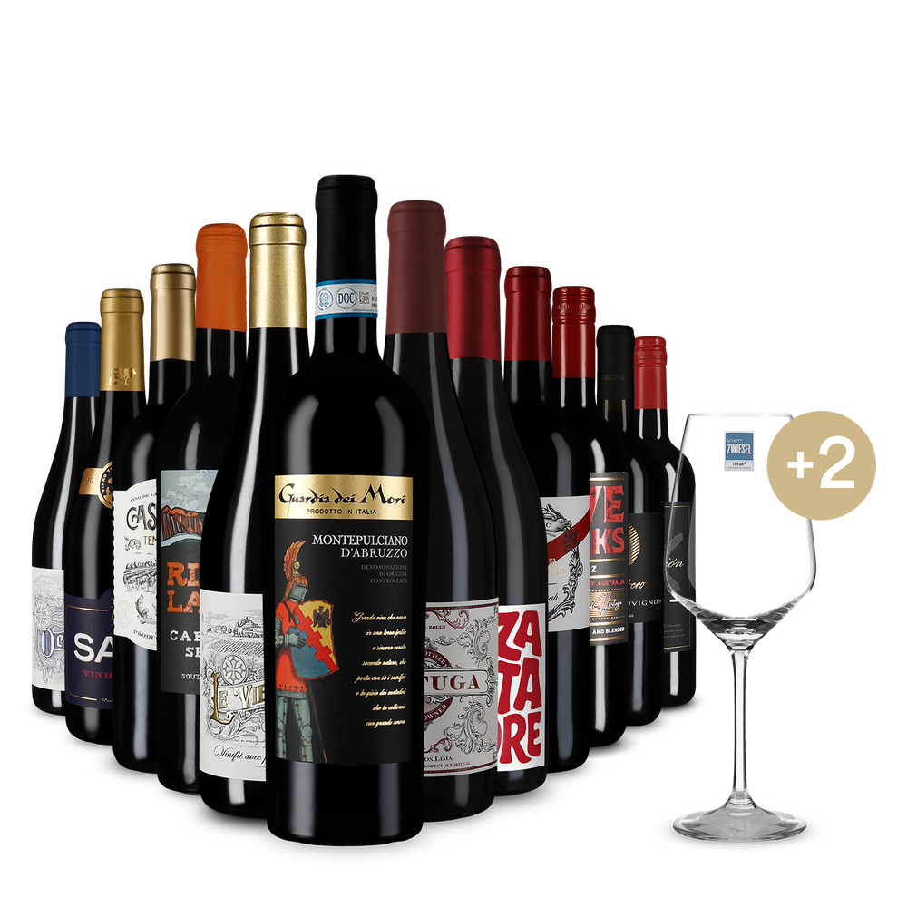 Internationale Rotwein-Stars im 12er-Paket + 2 Weingläser