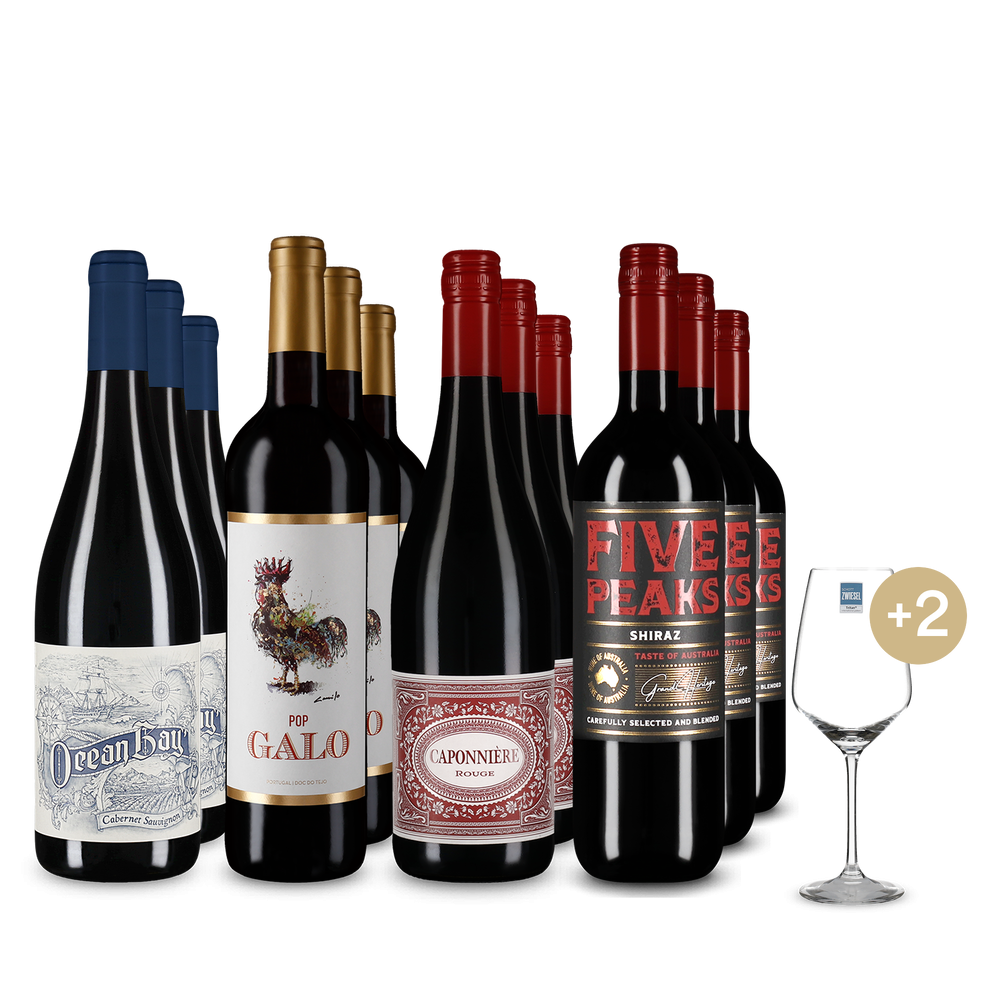 4x3 Rotwein-Momente aus aller Welt + 2 Weingläser