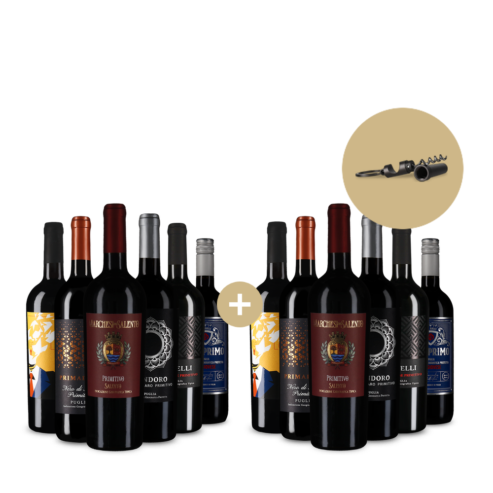 6+6 gratis: Primitivo & Co.: Apuliens Vielfalt + 2-in-1 Flaschenöffner