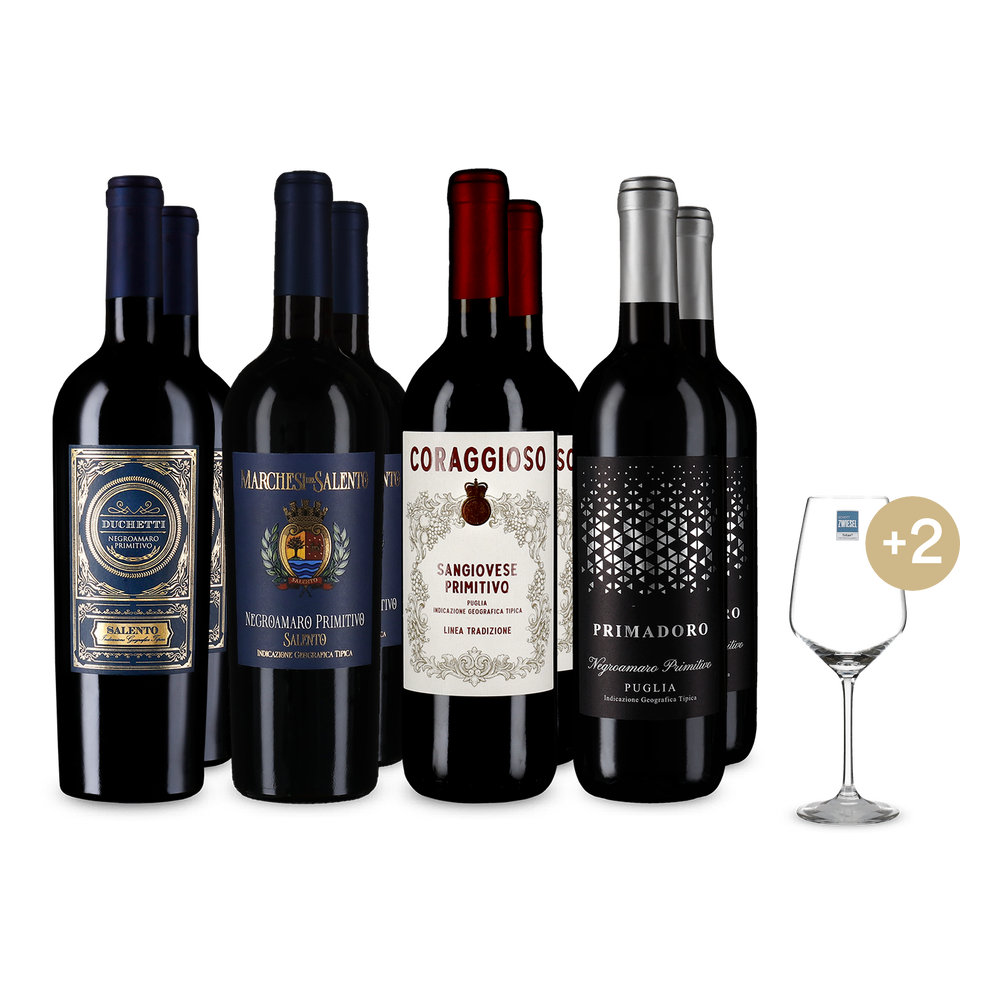 4x2 Primitivo-Genusspaket + 2 Weingläser