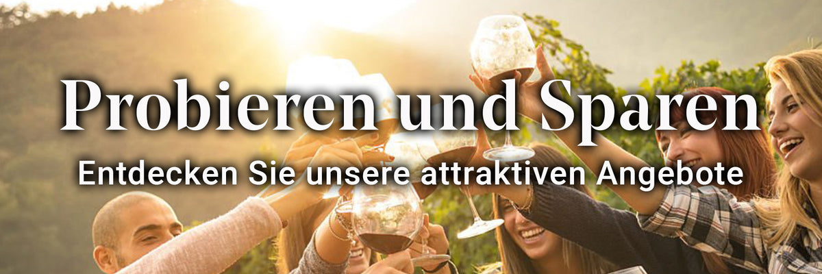 Personengruppe stößt mit Weingläsern im Freien an; Text: "Probieren und Sparen - Entdecken Sie unsere attraktiven Angebote".