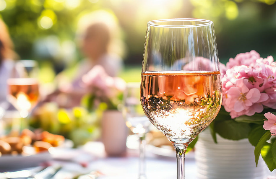 Frühlingshaft gedeckter Tisch im Freien mit einem Glas Rosé im Fokus