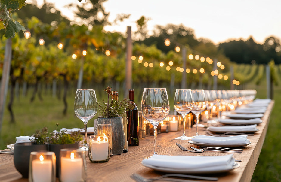 Gedeckte Tafel an einem Sommerabend im Weinberg